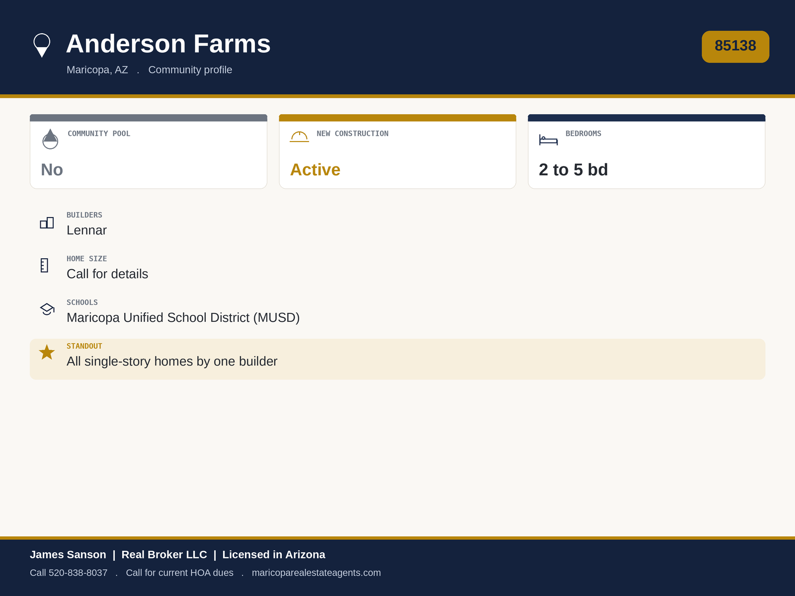 Anderson Farms Maricopa at a glance: 85138, new single-story Lennar construction, Dream and Cottage collections, parks and paths, monthly HOA