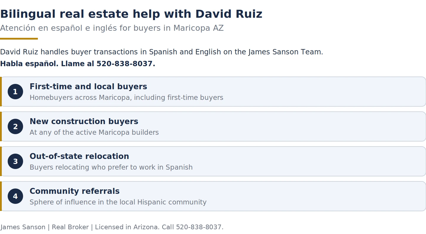 What David Ruiz helps with as a bilingual Maricopa buyer agent: first-time buyers, new construction, relocation, and community referrals
