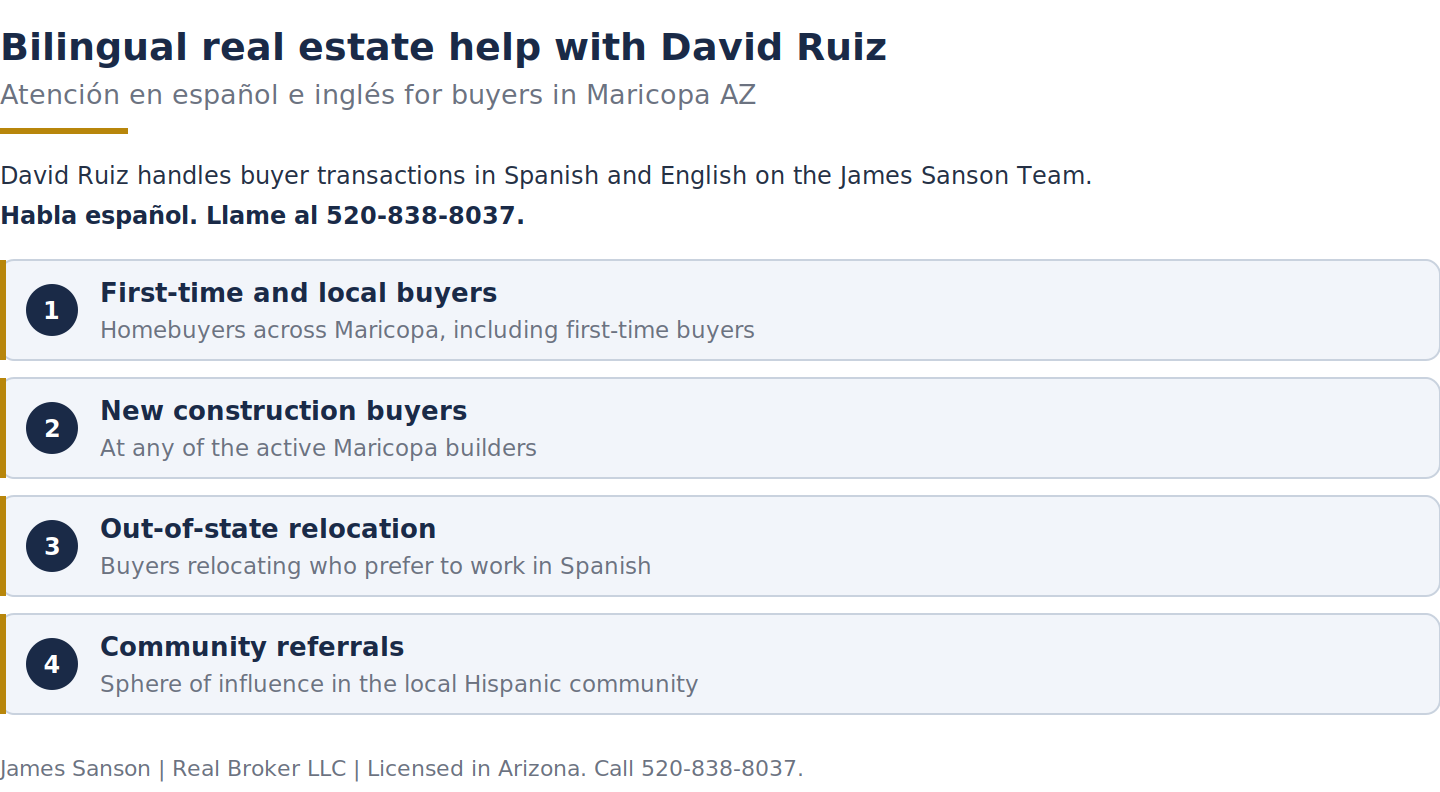 What David Ruiz helps with as a bilingual Maricopa buyer agent: first-time buyers, new construction, relocation, and community referrals