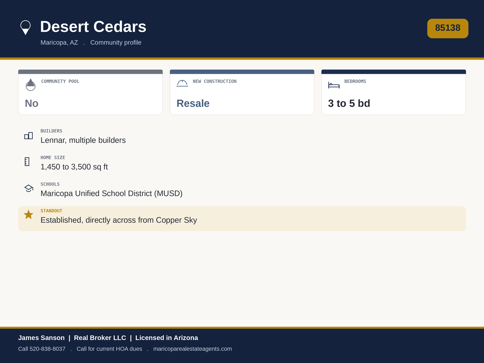 Desert Cedars Maricopa at a glance: 85138, established mid-2000s single-family community, across from Copper Sky, park and walking paths, quarterly HOA