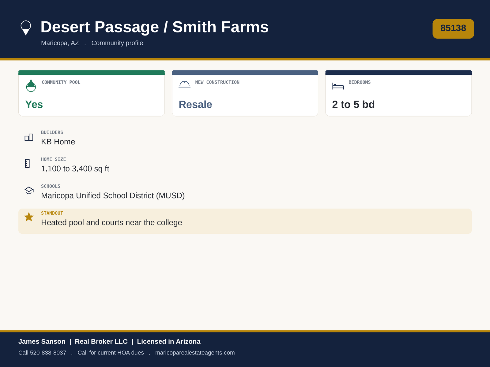Desert Passage Smith Farms Maricopa at a glance: 85138, KB Home community, heated pool, courts and fields, near Central Arizona College and Banner, monthly HOA