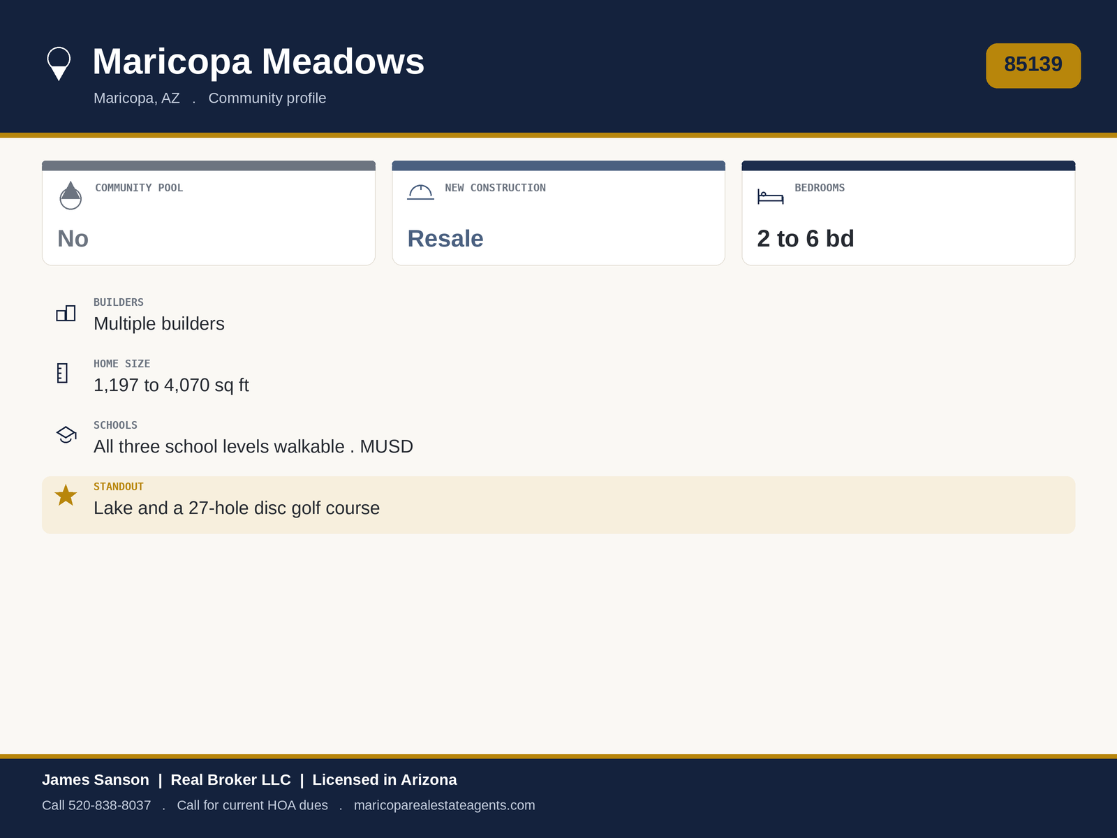 Maricopa Meadows at a glance: 85139, large south-side community, signature lake with waterfalls, 27-hole disc golf course, walkable schools, no pool, quarterly HOA