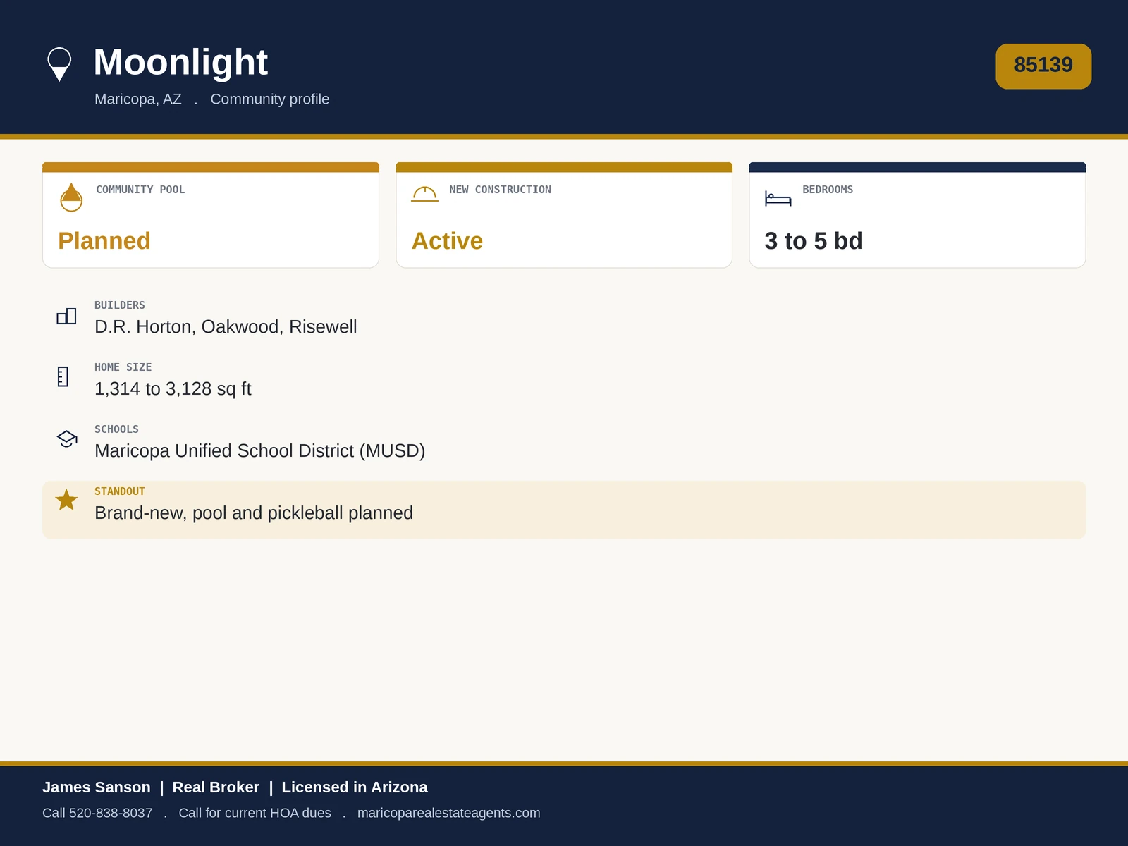 Moonlight Maricopa at a glance: 85139, brand-new northwest master plan along Hwy 238, multiple builders, community pool and pickleball, oversized lots available, monthly HOA