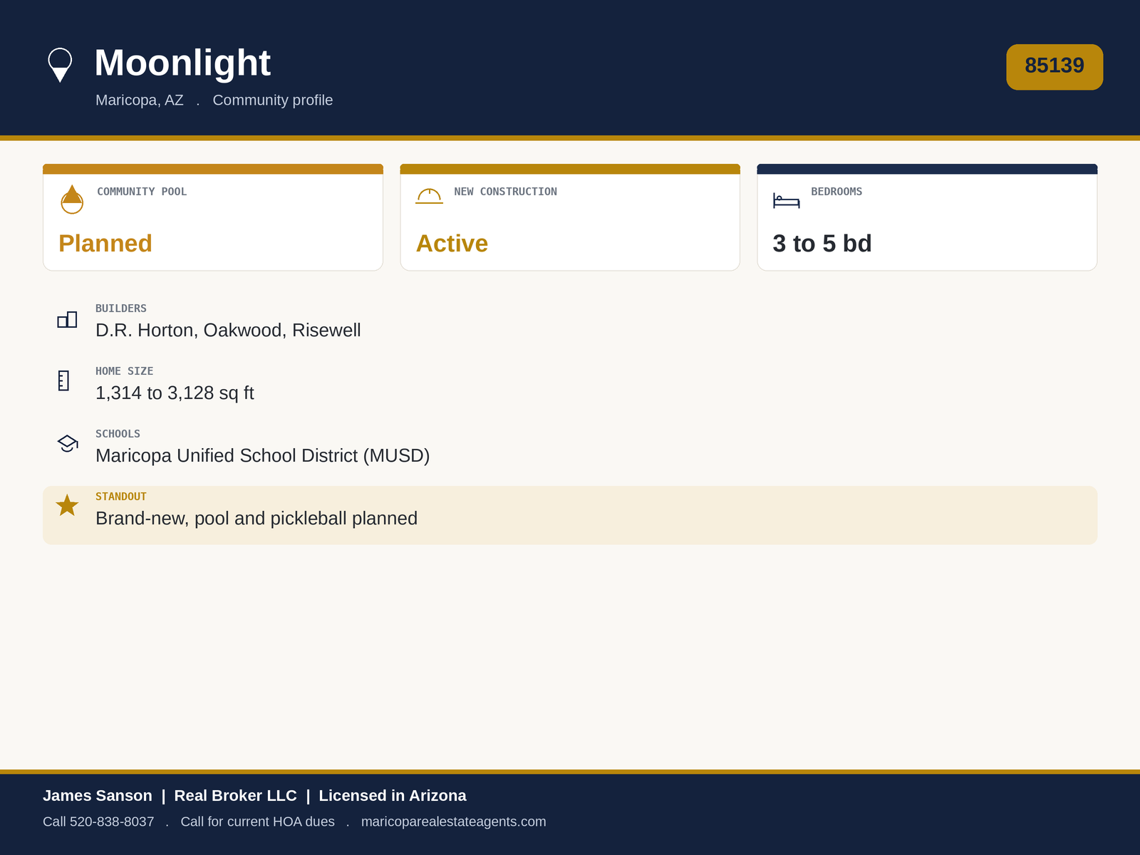 Moonlight Maricopa at a glance: 85139, brand-new northwest master plan along Hwy 238, multiple builders, community pool and pickleball, oversized lots available, monthly HOA