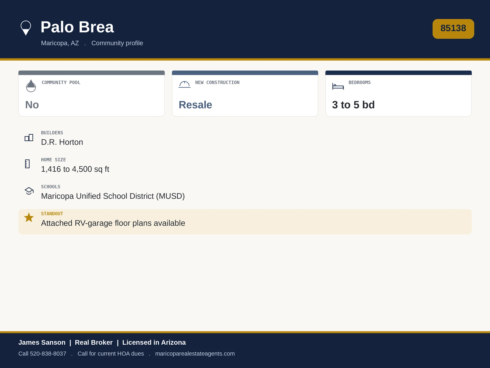 Palo Brea Maricopa at a glance: 85138, established south-side community, larger homes, across from Harrah's Ak-Chin entertainment, parks and paths, monthly HOA