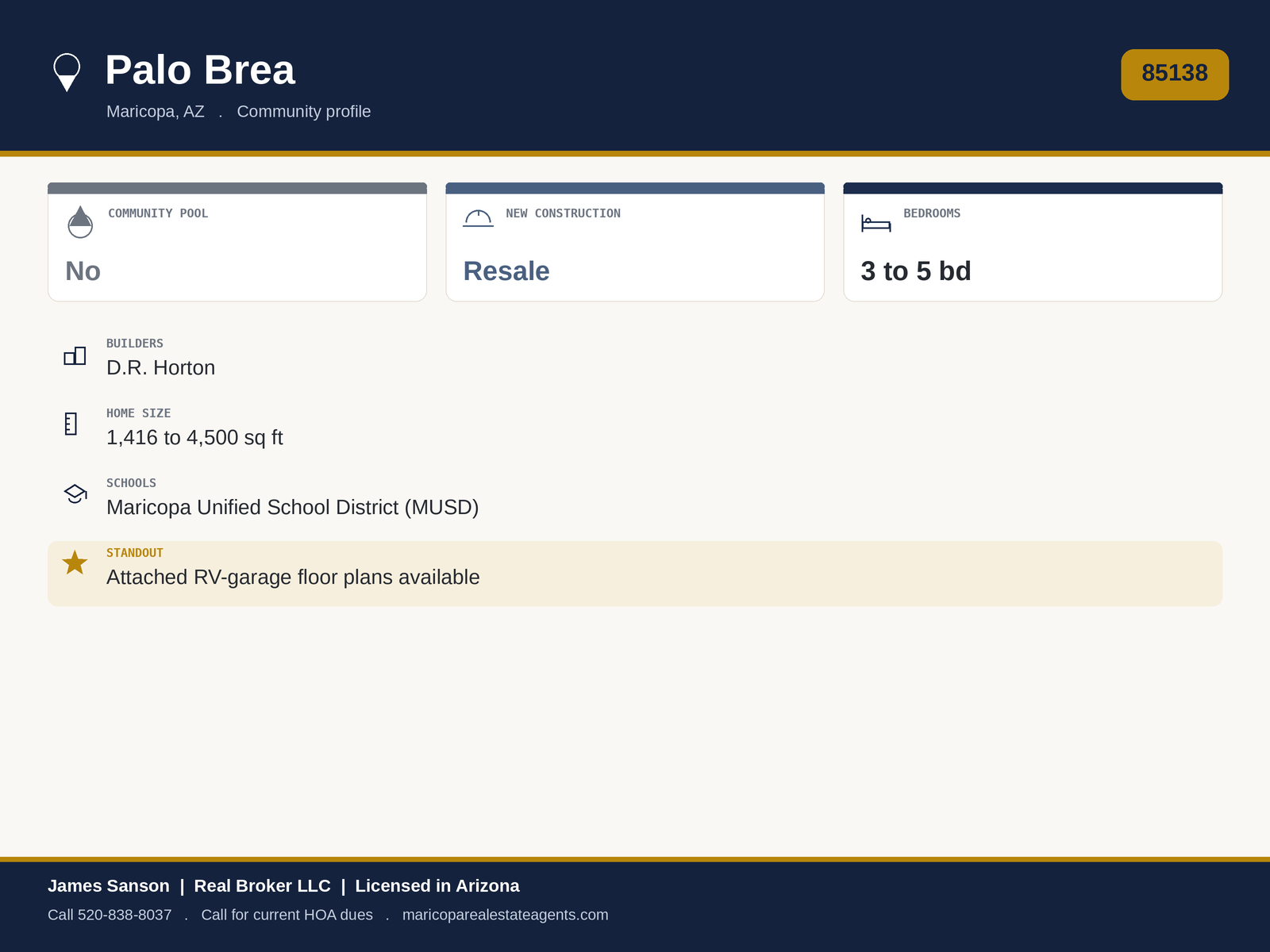 Palo Brea Maricopa at a glance: 85138, established south-side community, larger homes, across from Harrah's Ak-Chin entertainment, parks and paths, monthly HOA