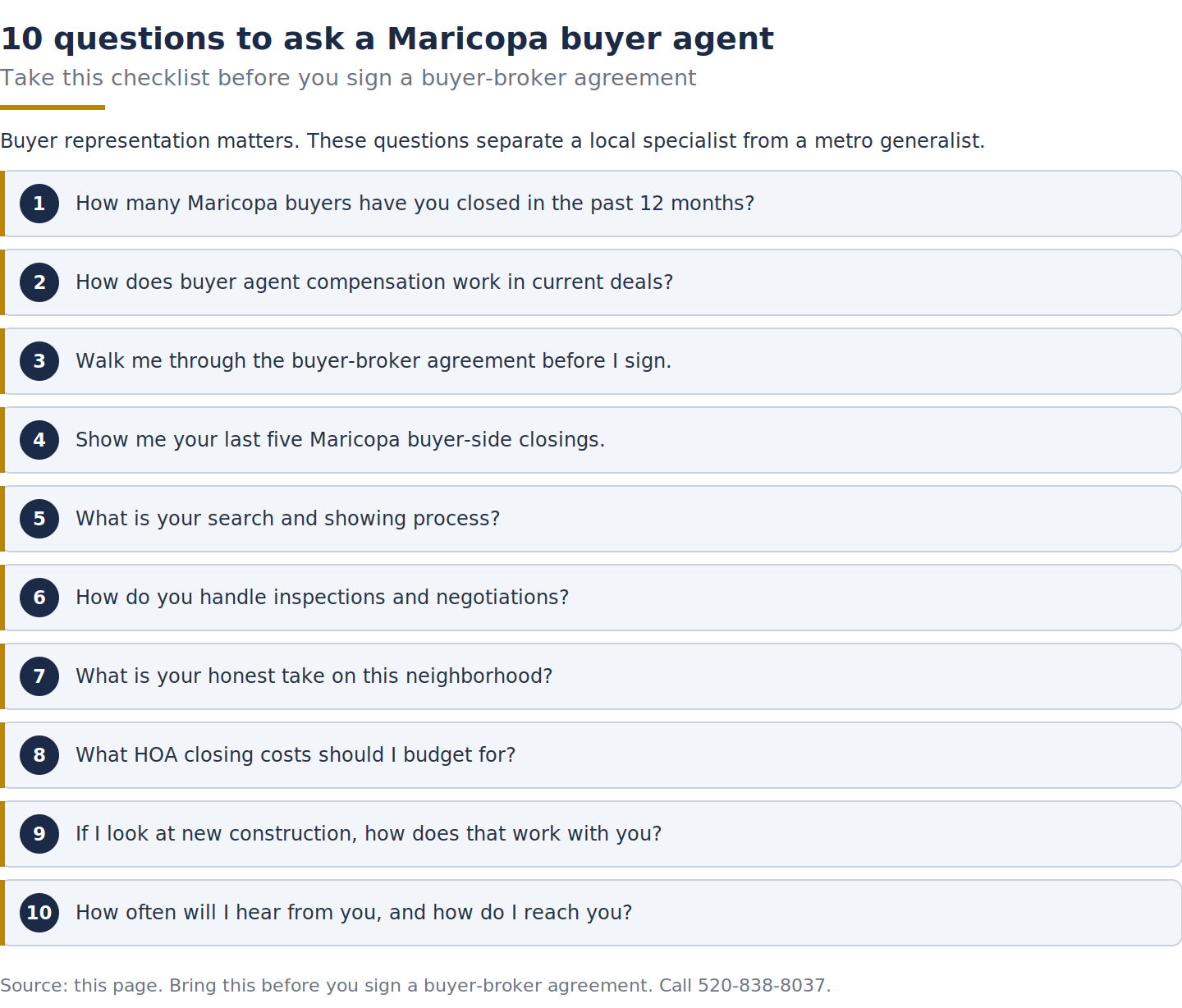 Checklist of 10 questions to ask a Maricopa buyer agent before signing a buyer-broker agreement