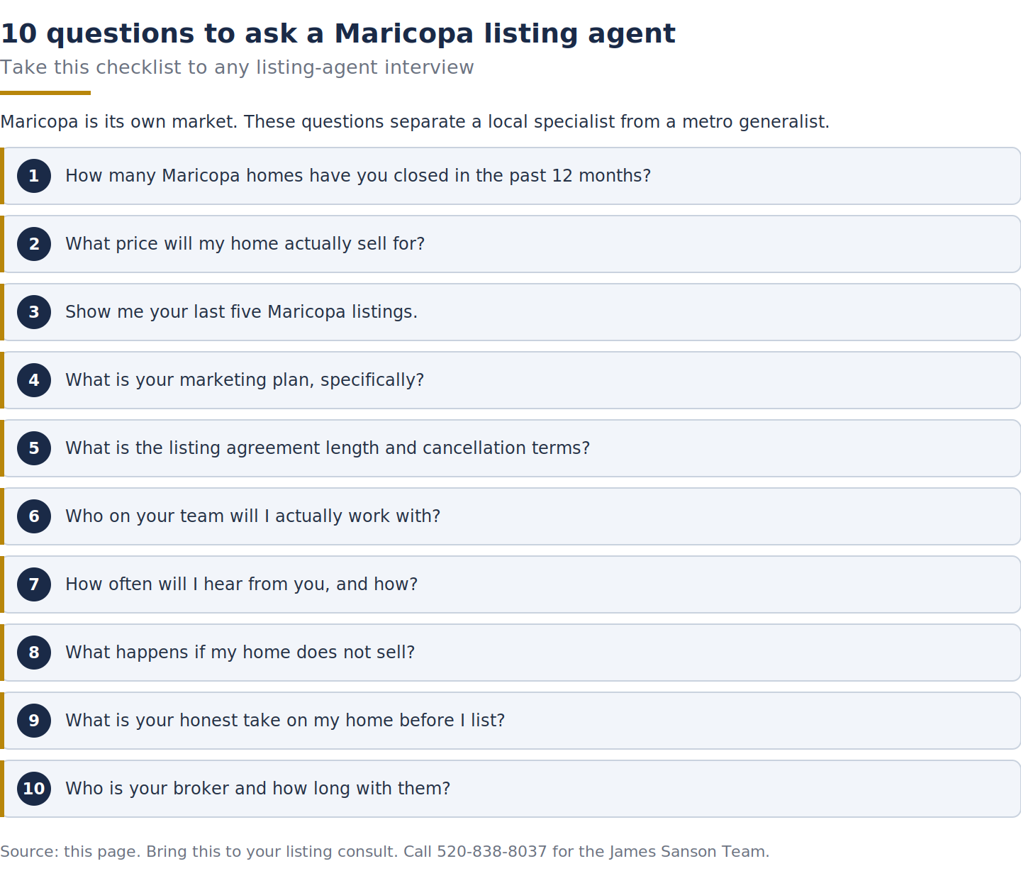 Checklist of 10 questions to ask a Maricopa listing agent before signing, covering local closings, pricing, marketing, and broker