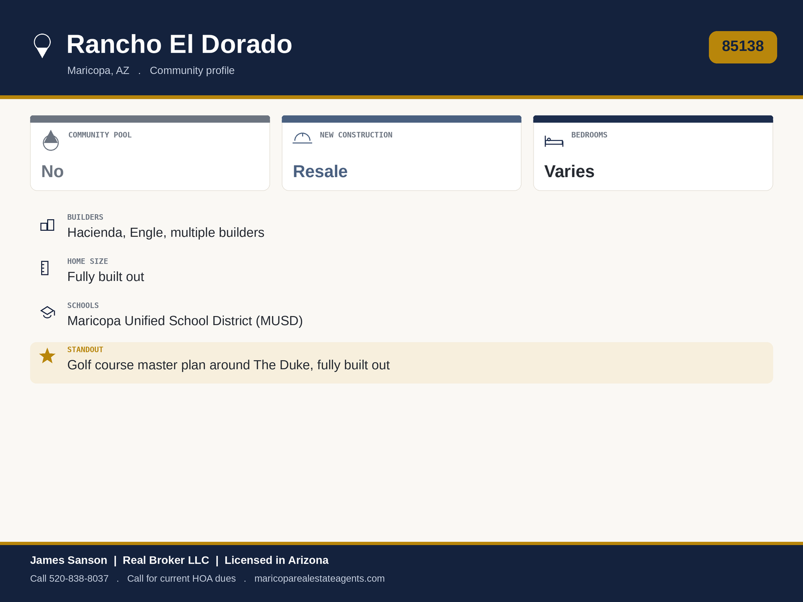 Rancho El Dorado proper at a glance: 3,132 lots, built out, quarterly HOA via FirstService Residential, wraps the Duke golf course
