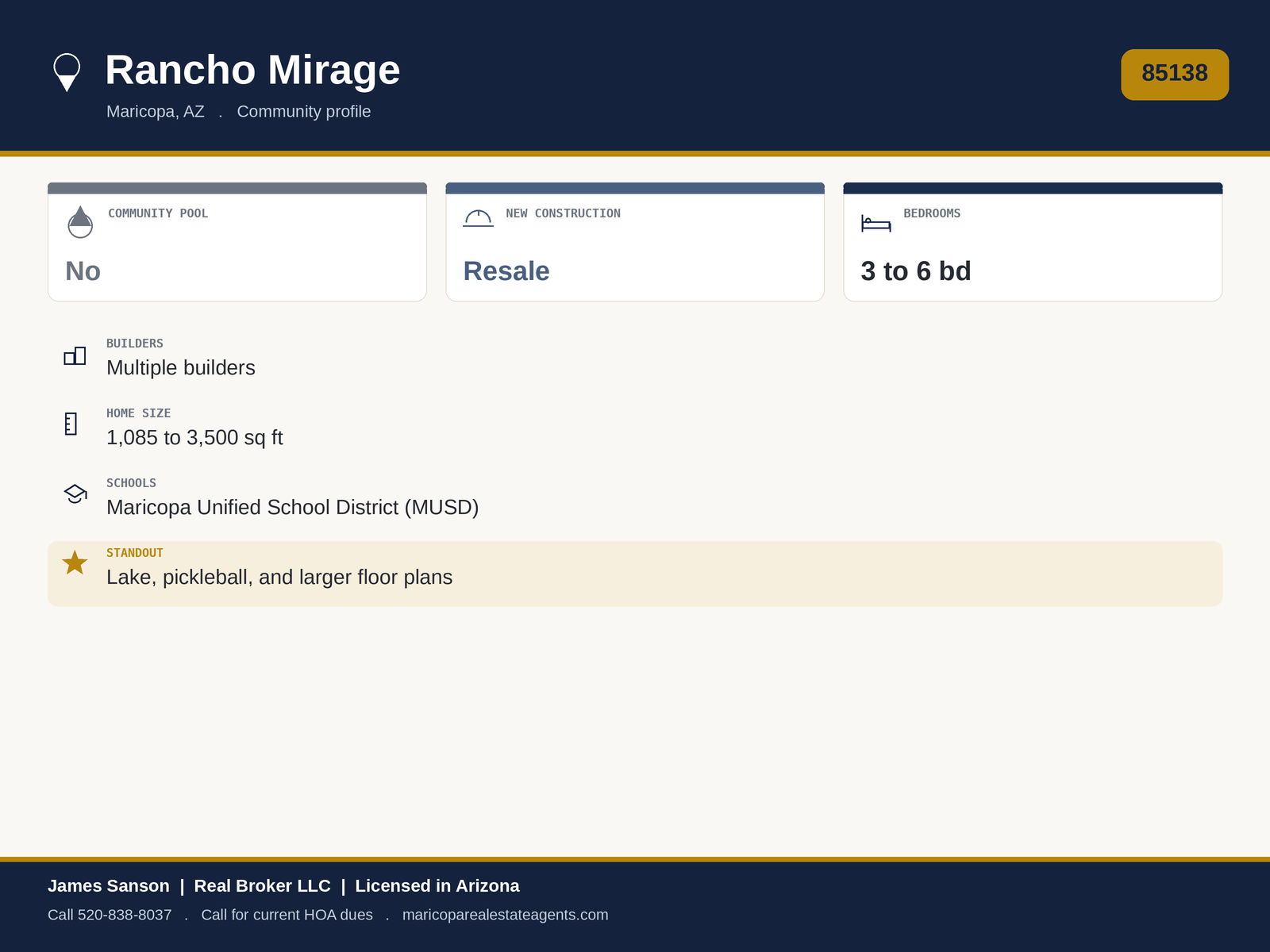 Rancho Mirage Maricopa at a glance: 85138, amenity-rich east-side community, lake and pickleball, multiple builders, RV-garage options, monthly HOA