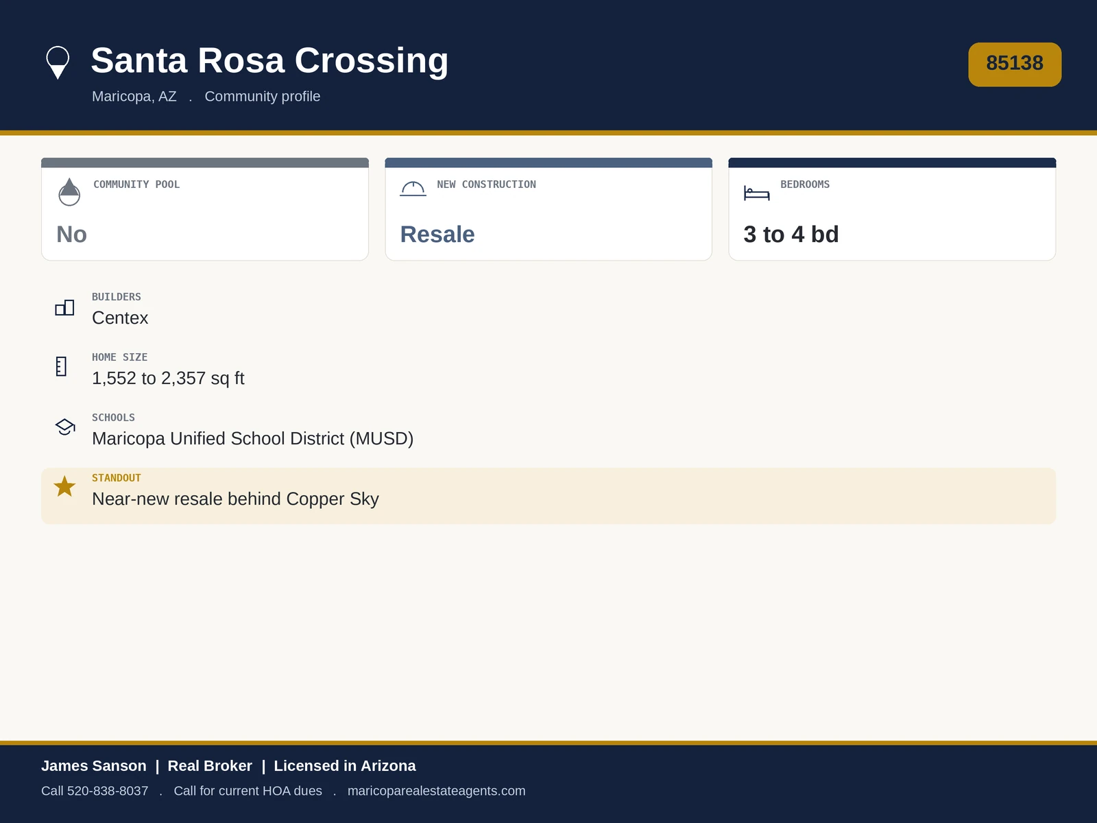 Santa Rosa Crossing Maricopa at a glance: 85138, sold-out Centex community, south side behind Copper Sky and Desert Cedars, near-new resale, monthly HOA