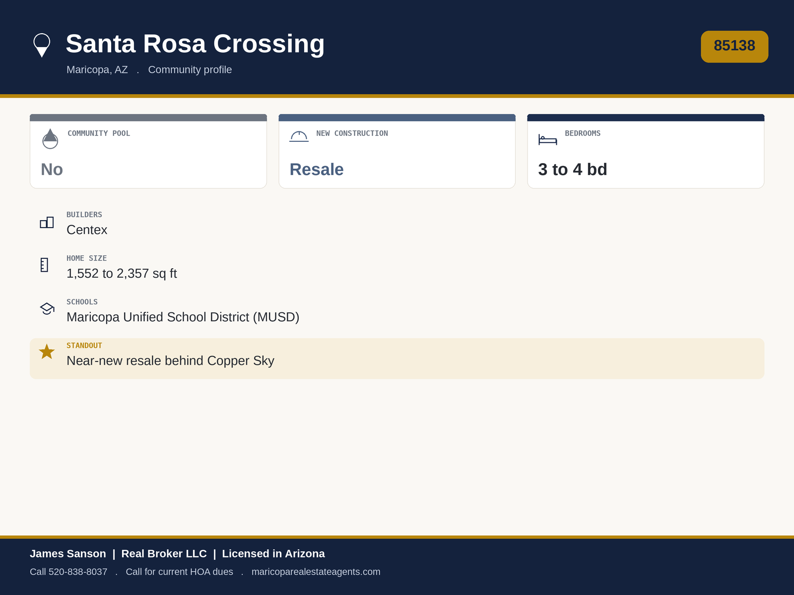 Santa Rosa Crossing Maricopa at a glance: 85138, sold-out Centex community, south side behind Copper Sky and Desert Cedars, near-new resale, monthly HOA