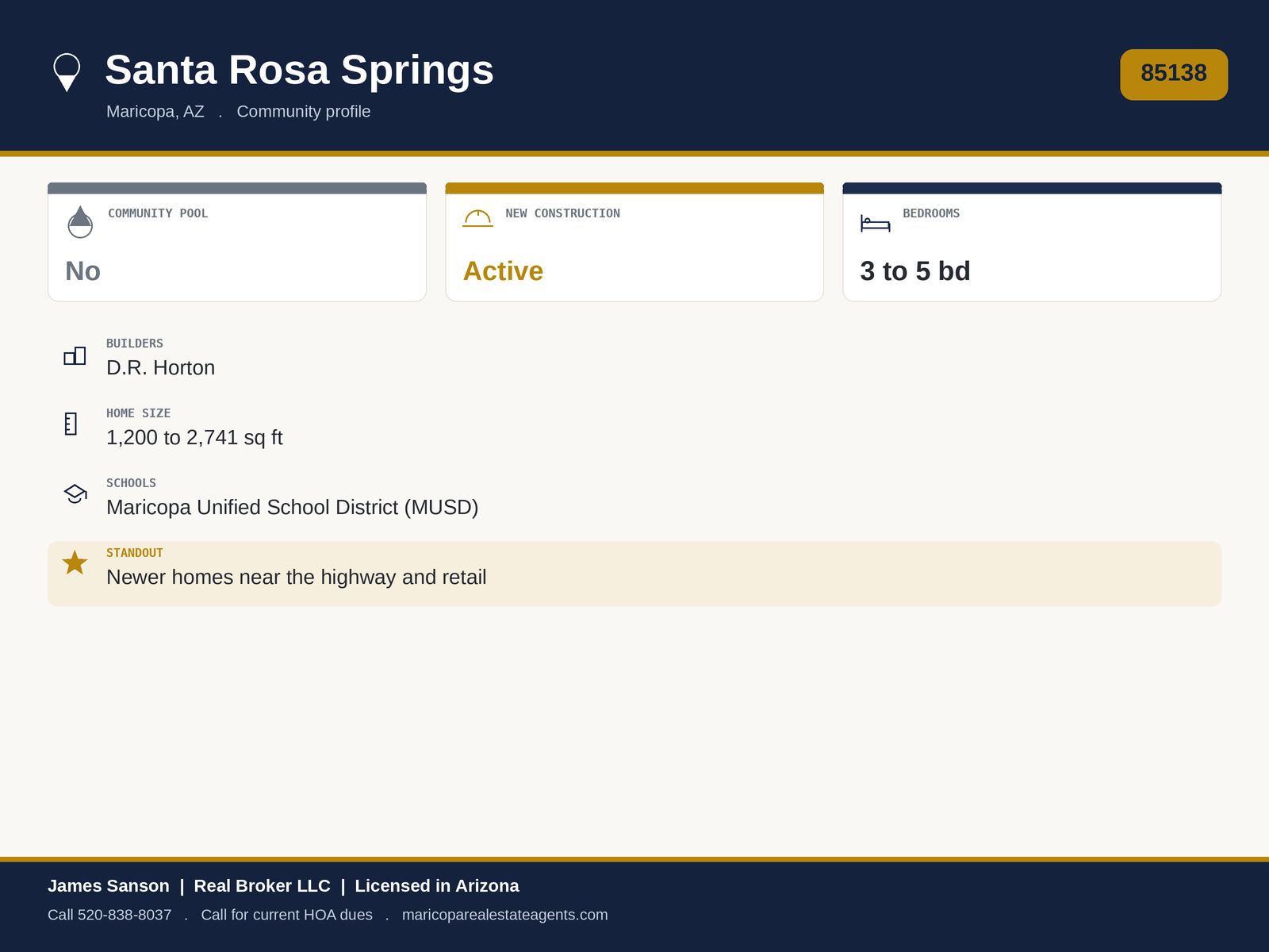Santa Rosa Springs Maricopa at a glance: 85138, newer D.R. Horton and K. Hovnanian community, off the 238 across from Walmart and Home Depot, parks and trail, no pool, monthly HOA