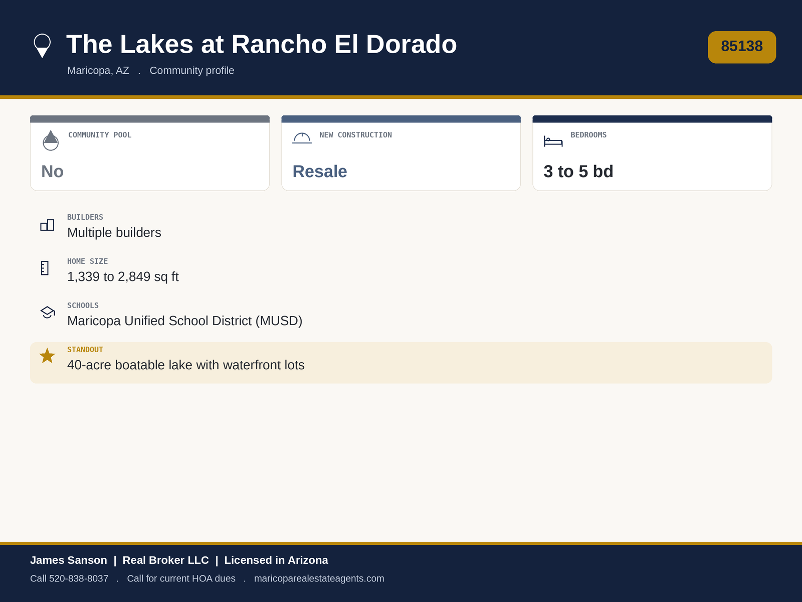 The Lakes at Rancho El Dorado Maricopa at a glance: 85138, master-planned lake community, 40-acre boating lake, waterfront homesites, parks and trails, monthly HOA
