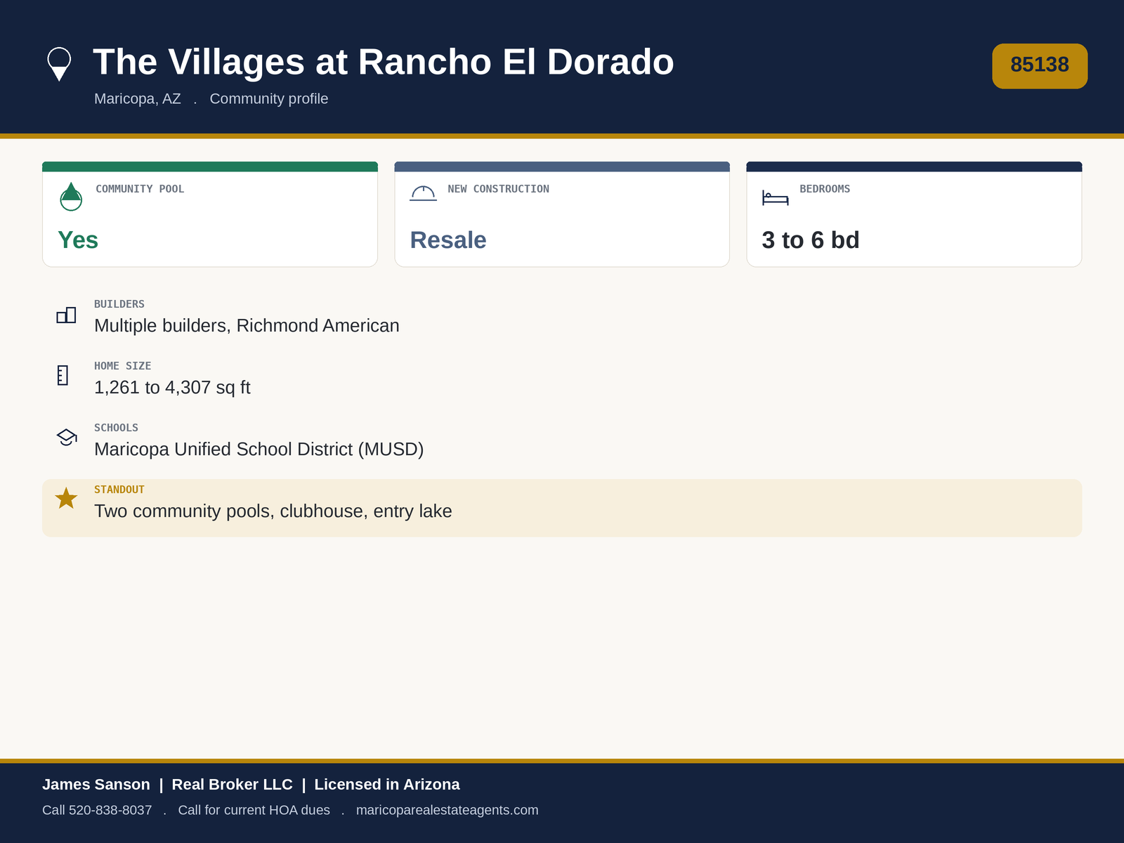 The Villages at Rancho El Dorado Maricopa at a glance: 85138, large Phase II amenity master plan, two pools, clubhouse with fitness center, lake, tennis and pickleball, quarterly HOA